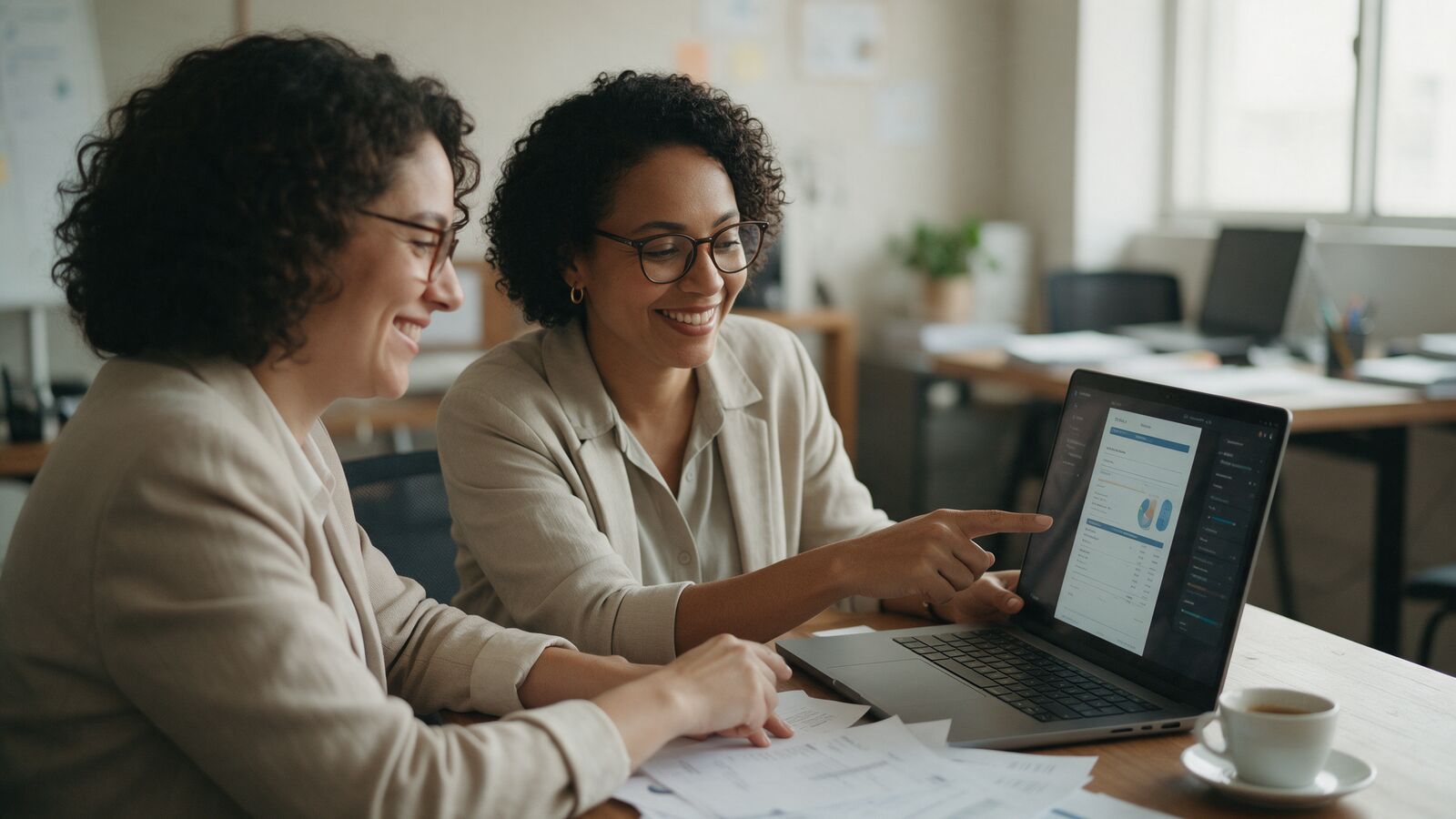 Dois contadores revisando documentos num notebook