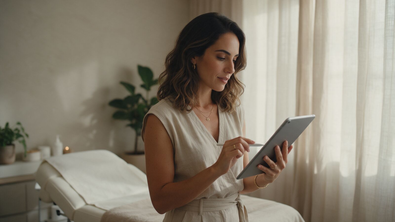 Esteticista conferindo agenda num tablet em clínica de estética